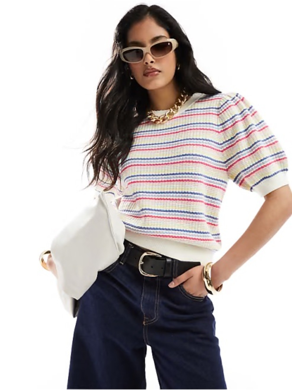 & Other Stories Girly Striped Knit Top Puff Sleeve Scalloped Size Small
